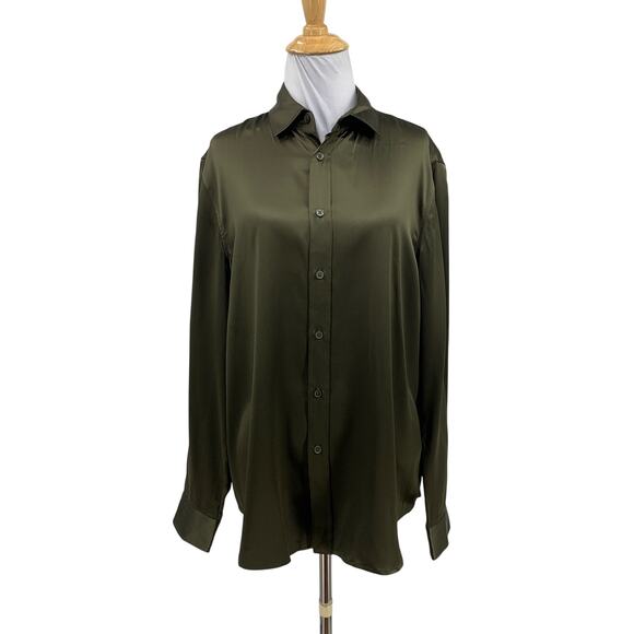 Lilysilk Tops - Lilysilk Shirt Womens 12 Dark Olive Mulberry Silk Satin Button Up Long Sleeve